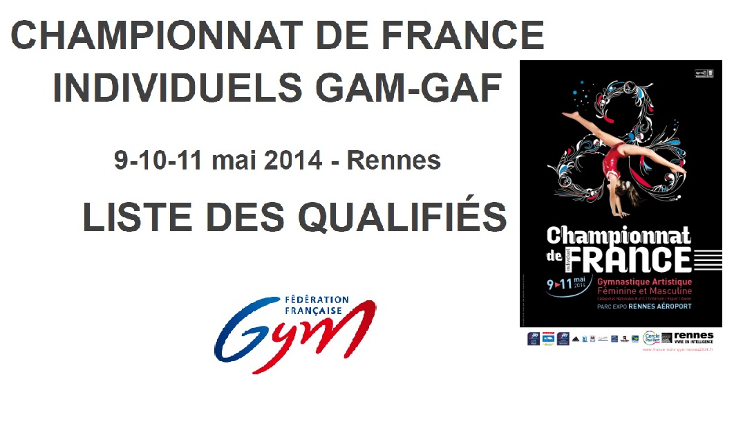 Qualifiés au Championnat de France Gymnastique Artistique en individuel à Rennes du 9 au 11 Mai 2014